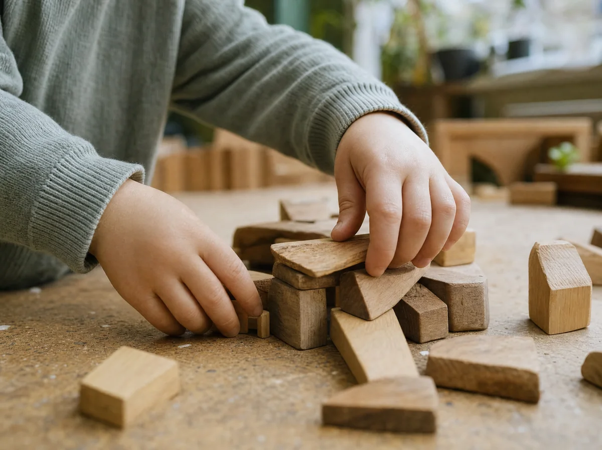 Illustratives KI-Motiv: Kinderhände bauen mit Holzklötzen
